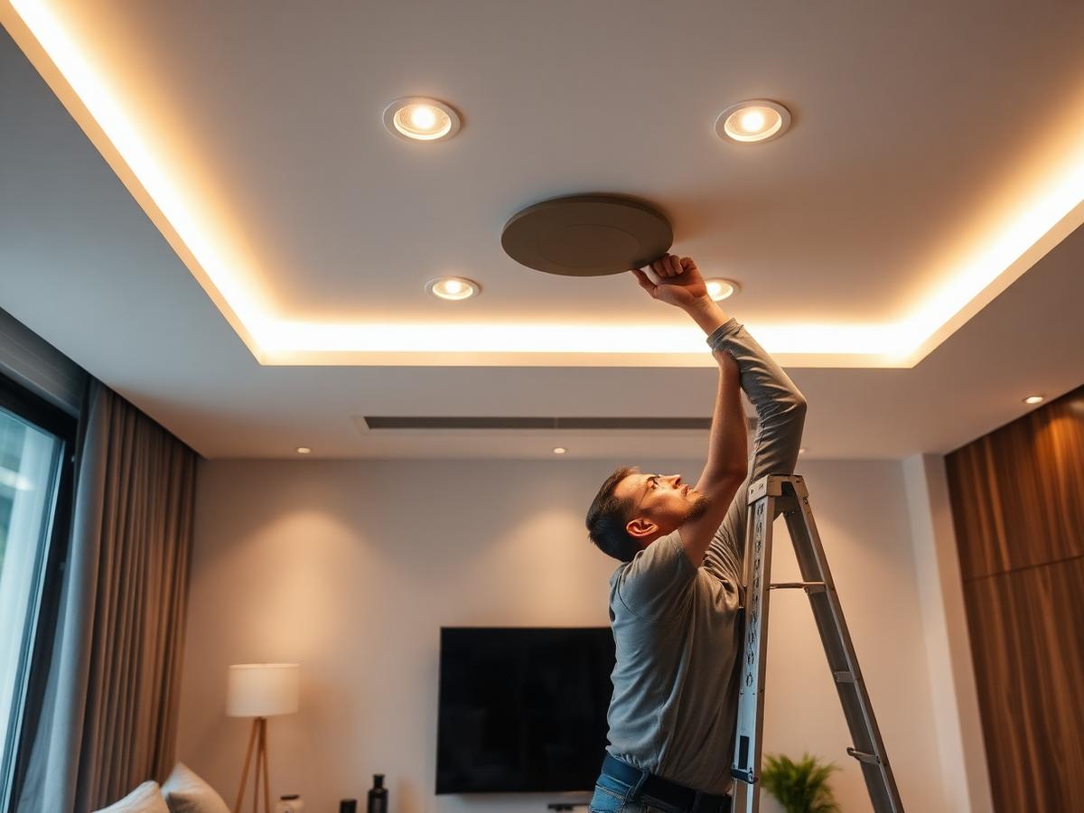 Electrician installing LED downlights in a modern living room
