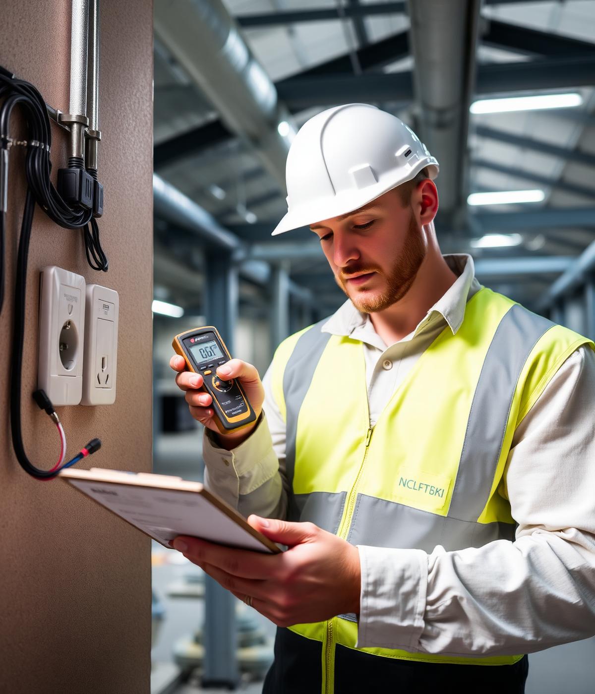 Electrician carrying out electrical testing and inspection on site